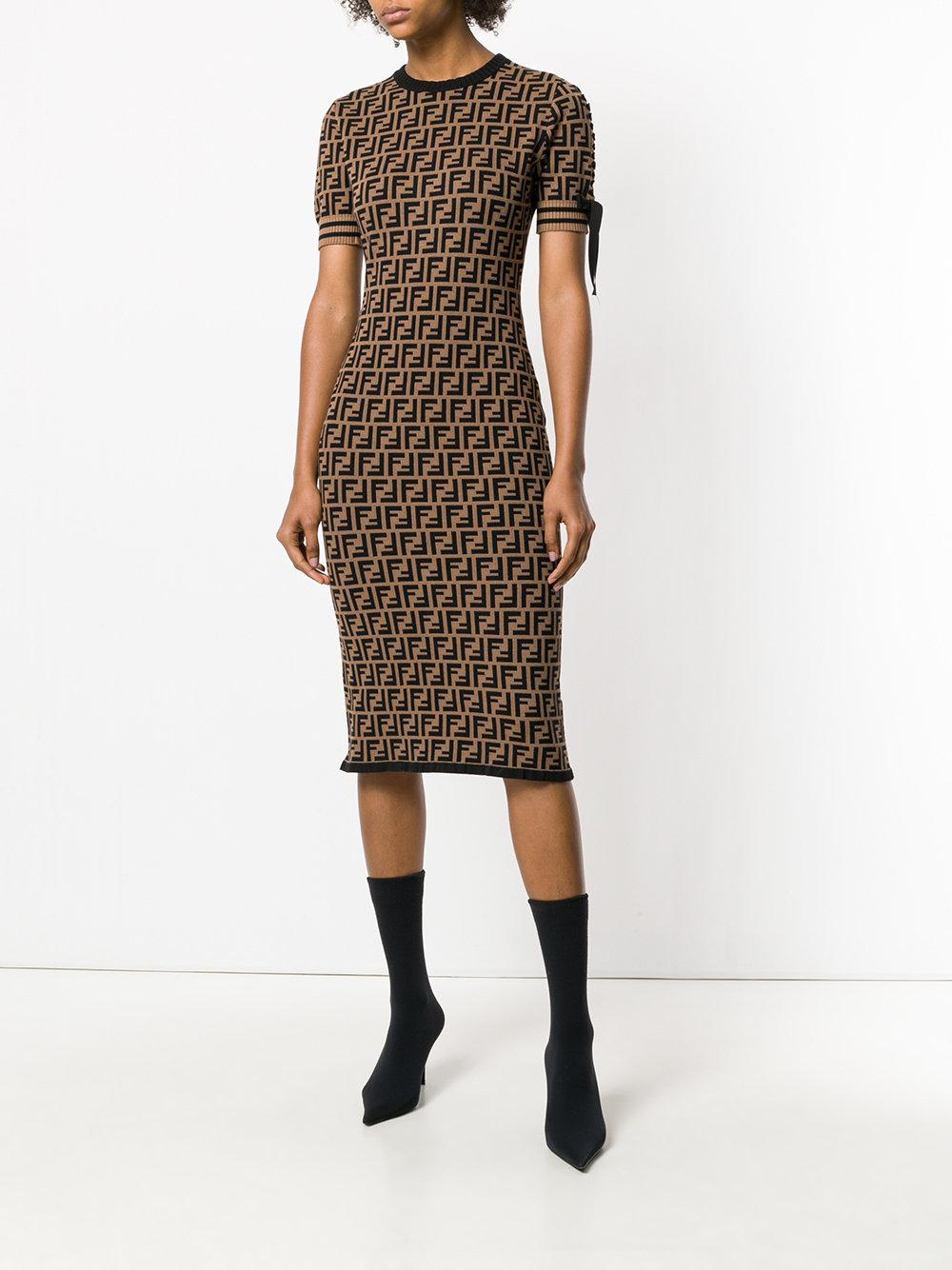 Fendi Logo Short-sleeve Sweater Dress in Brown | Lyst
