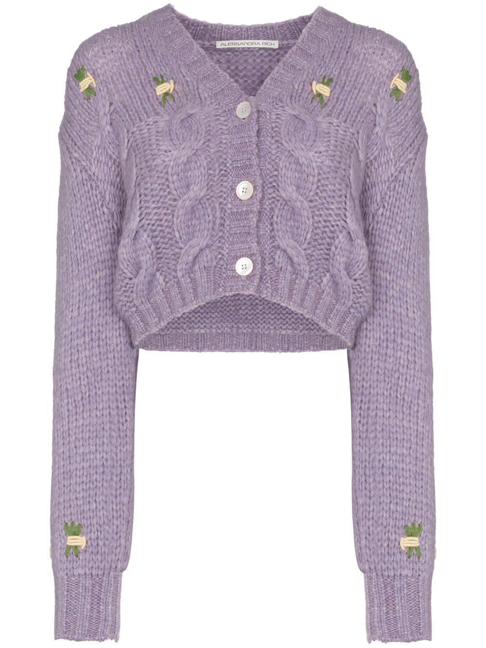 Alessandra Rich Wool Floral Detail Cropped Knit Cardigan in Purple | Lyst