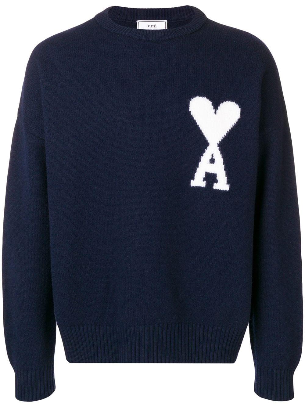 Ami Paris Oversized Logo intarsia Merino wool Sweater in Blue for Men Lyst