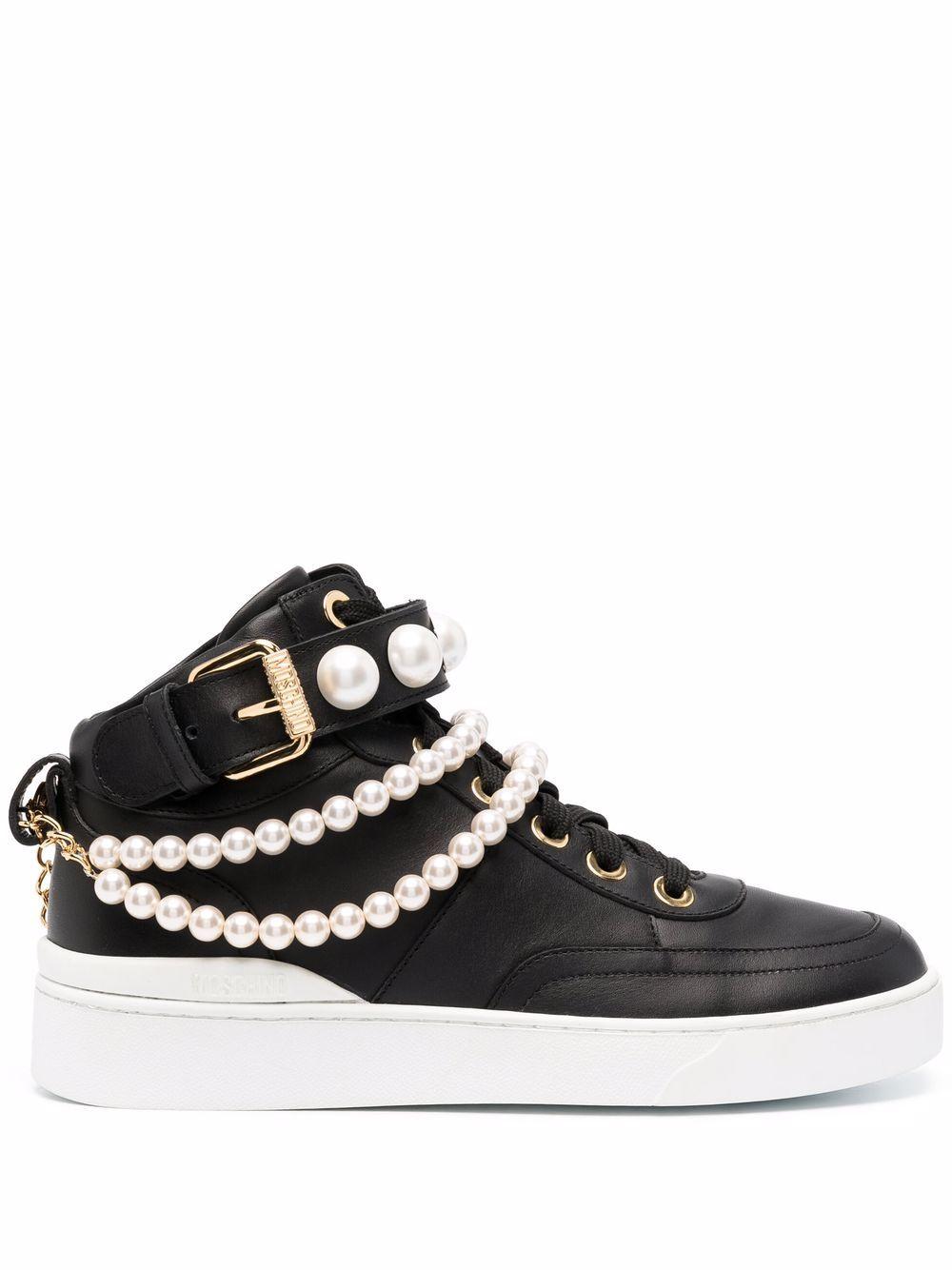 Moschino Pearl-embellished Mid-top Sneakers in Black | Lyst