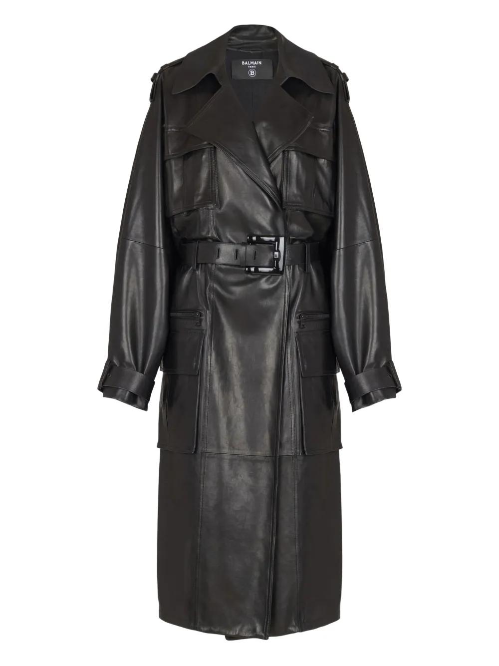 Trench Long En Cuir Synthétique Coupe Ajustée Pour Femme Avec Ceinture à Revers Cranté, Noir , S