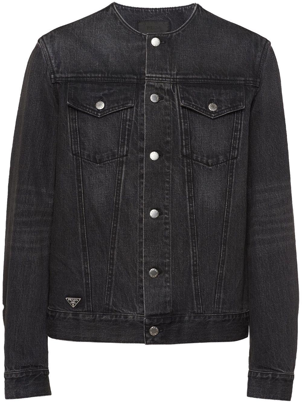 Prada Collarless Denim Jacket in Black for Men | Lyst