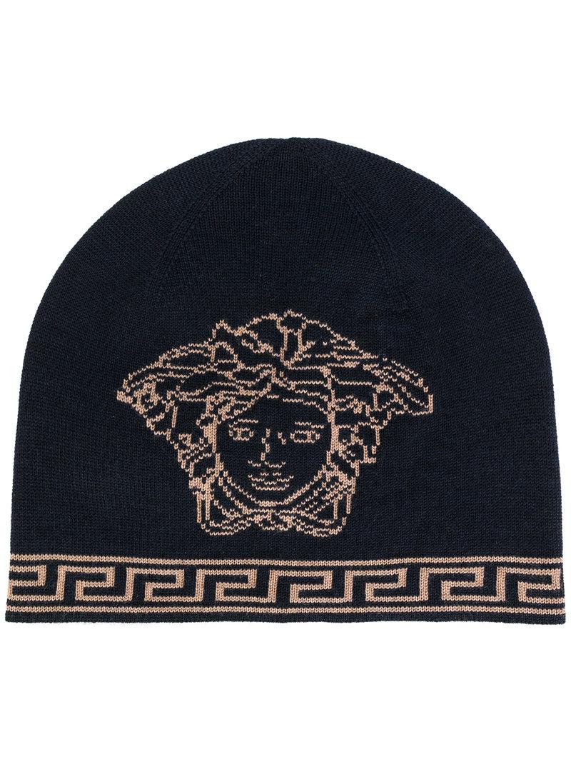 Versace Wool Medusa Intarsia Beanie Hat in Blue for Men Lyst
