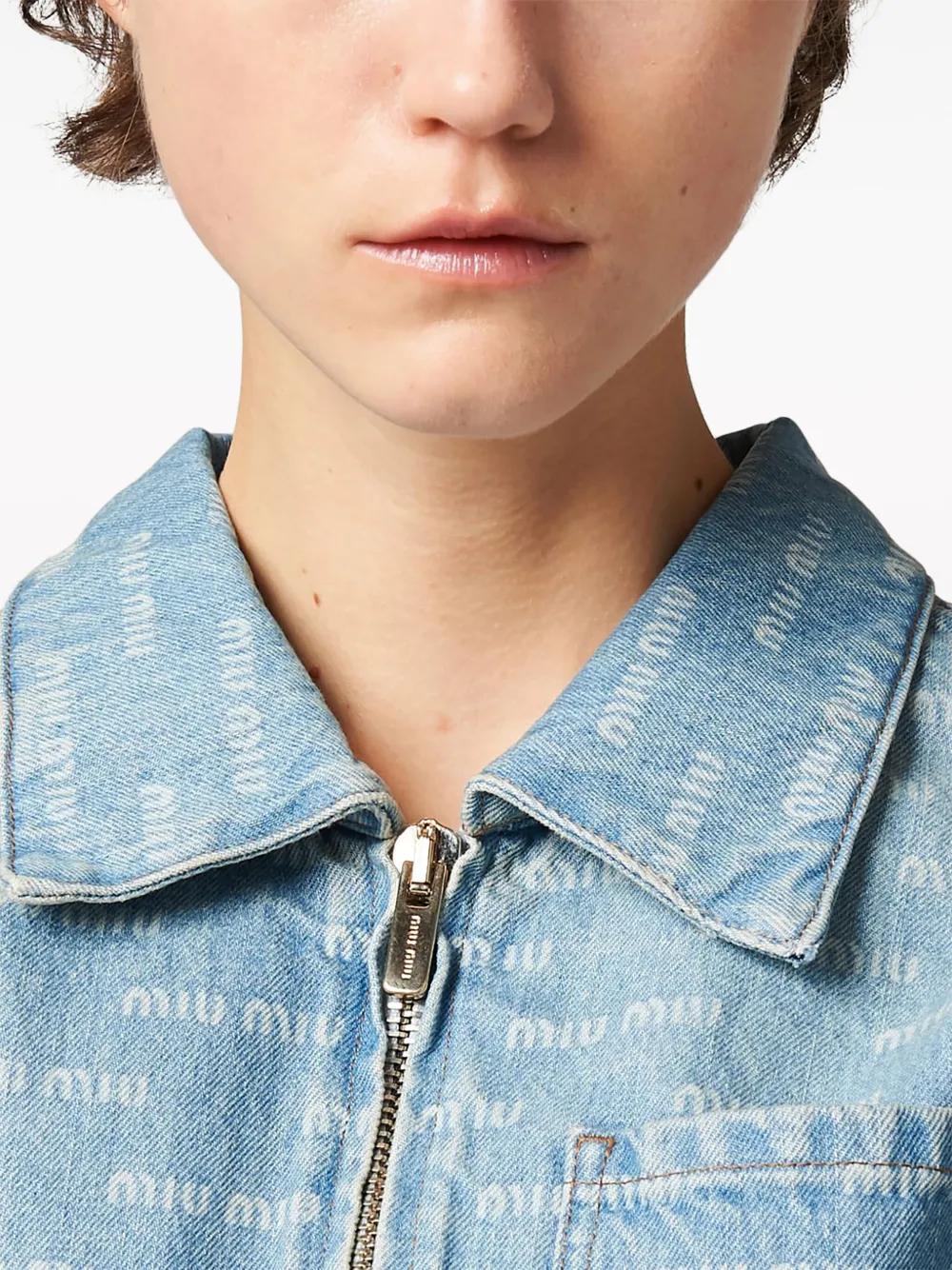 Miu Miu Logo-Print Cropped Denim Jacket in Blue | Lyst Miu Miu Logo-Print Cropped Denim Jacket in Blue | Lyst