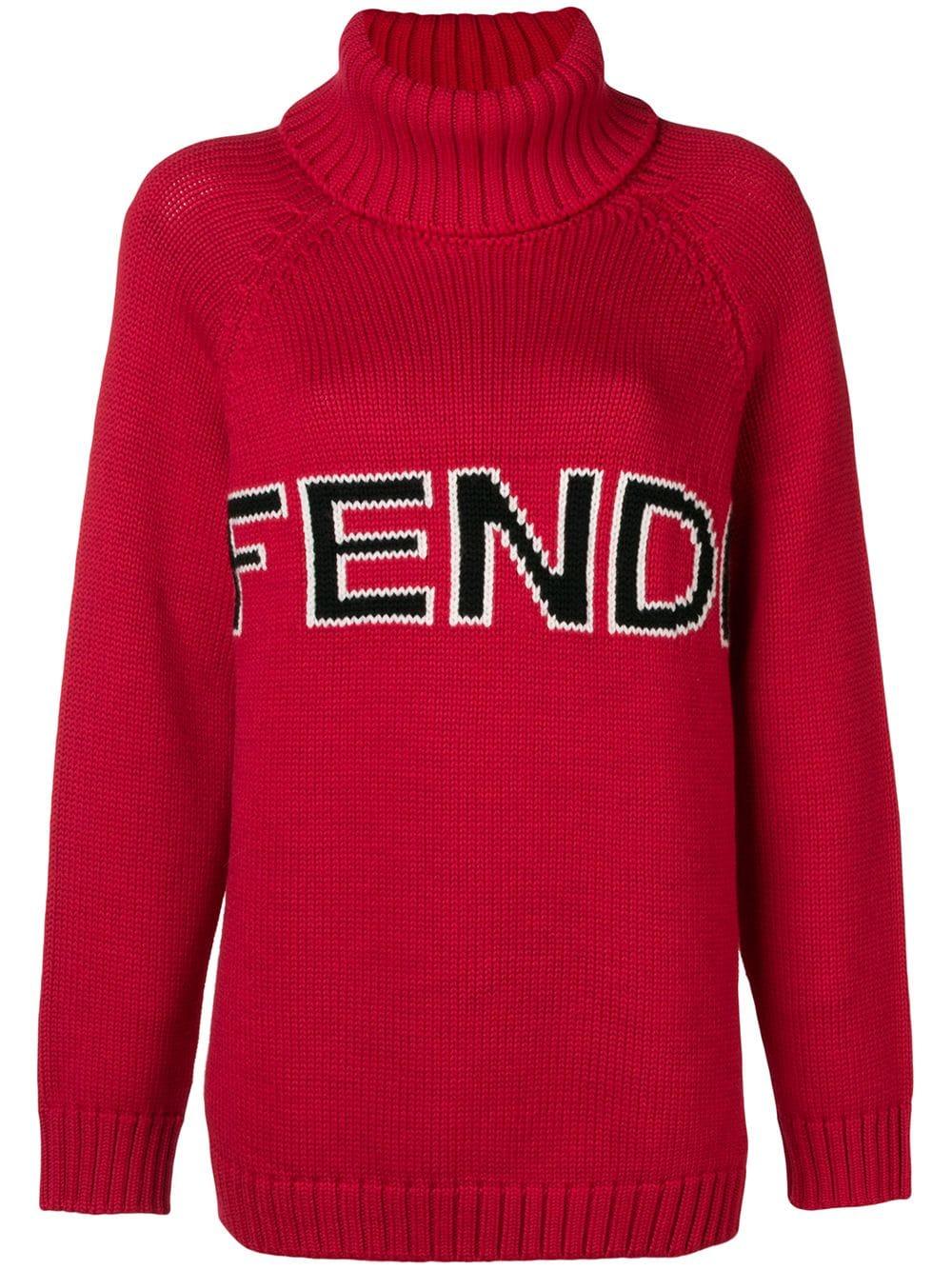 Fendi Intarsia-knit Wool Turtleneck Sweater in Red - Lyst