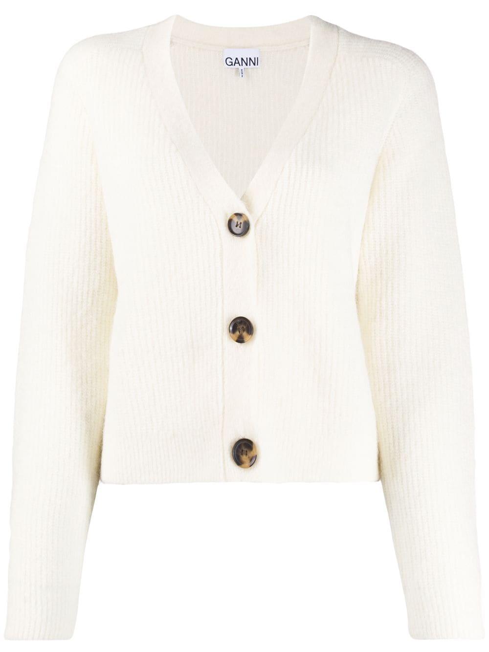Ganni Wool Button-front Cropped Cardigan in White - Save 3% - Lyst