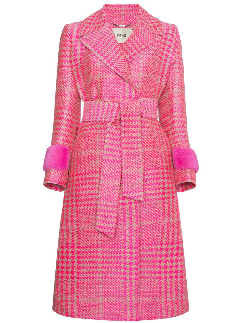 Fendi Houndstooth Double Breasted Coat With Mink Cuff in Pink