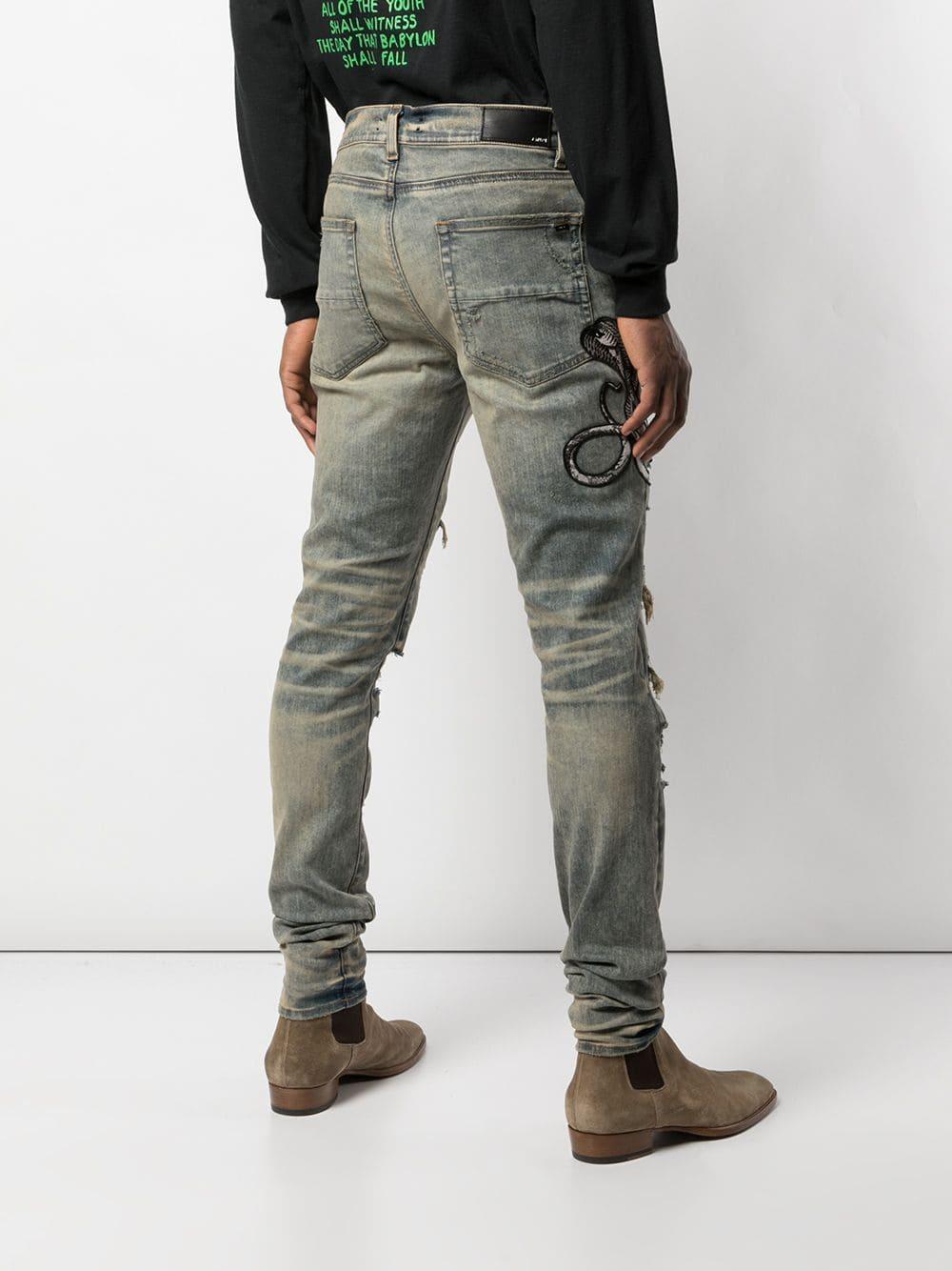 Amiri Cobra Embroidered Distressed Jeans in Blue for Men | Lyst