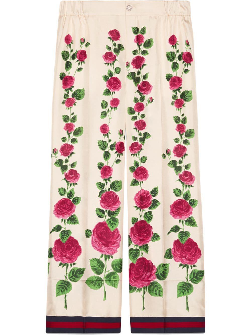 Gucci Rose Garden Print Silk Pajama Pants in Pink