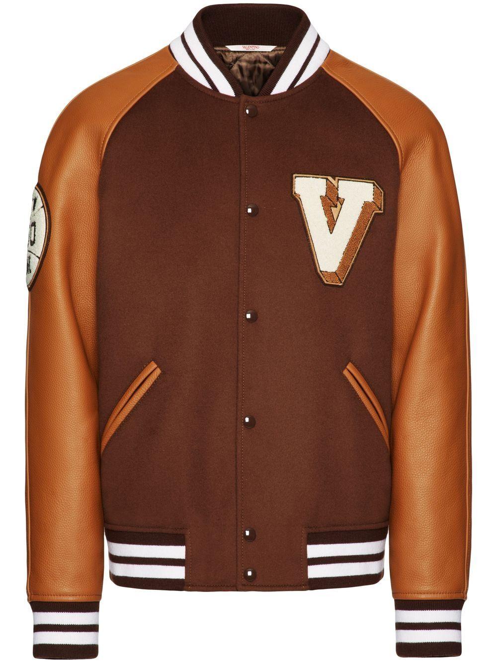Valentino Logo-patch Leather Sleeve Bomber Jacket in Brown for Men 
