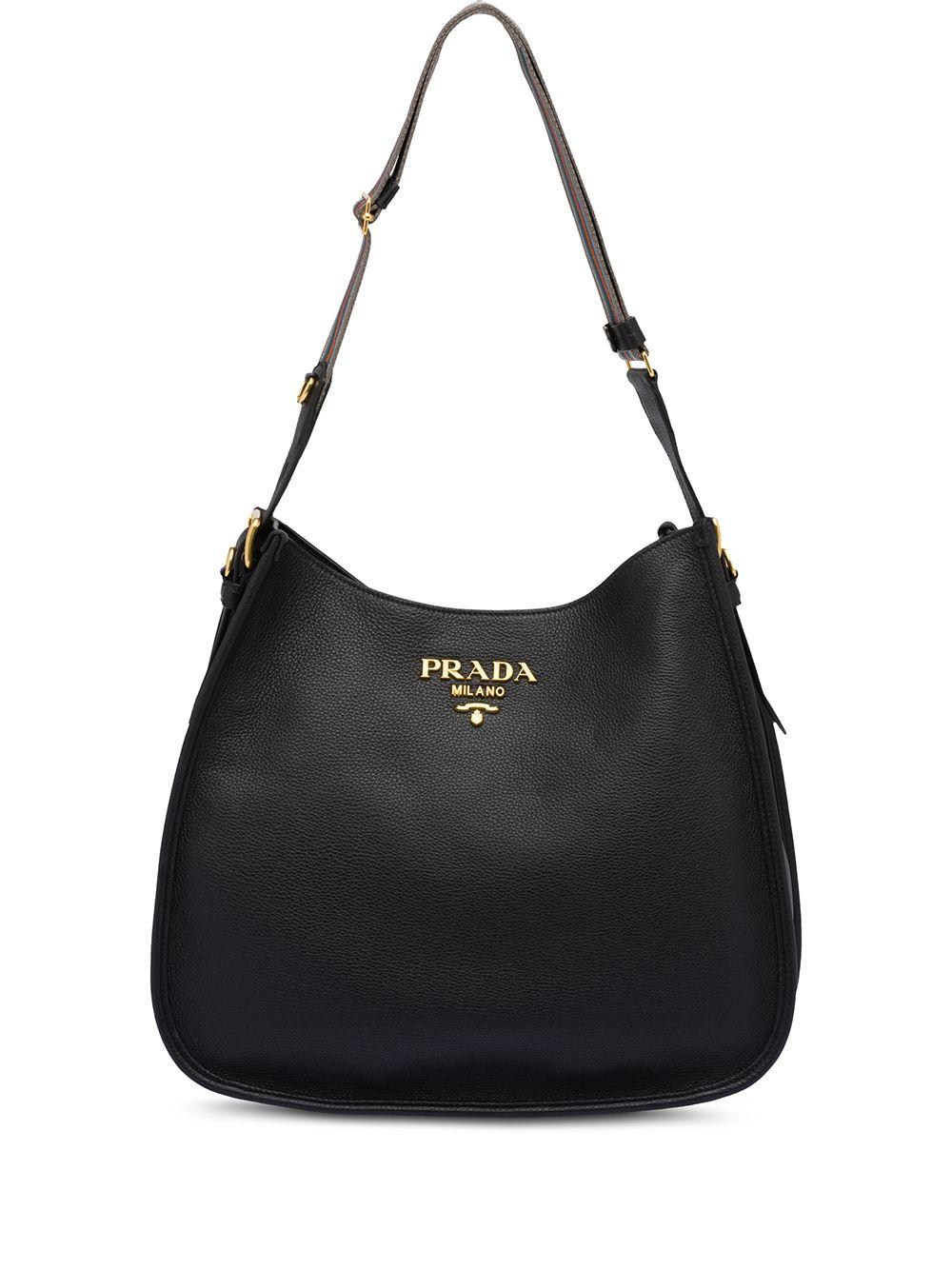 Prada Leather Front Logo Hobo Bag in Black | Lyst