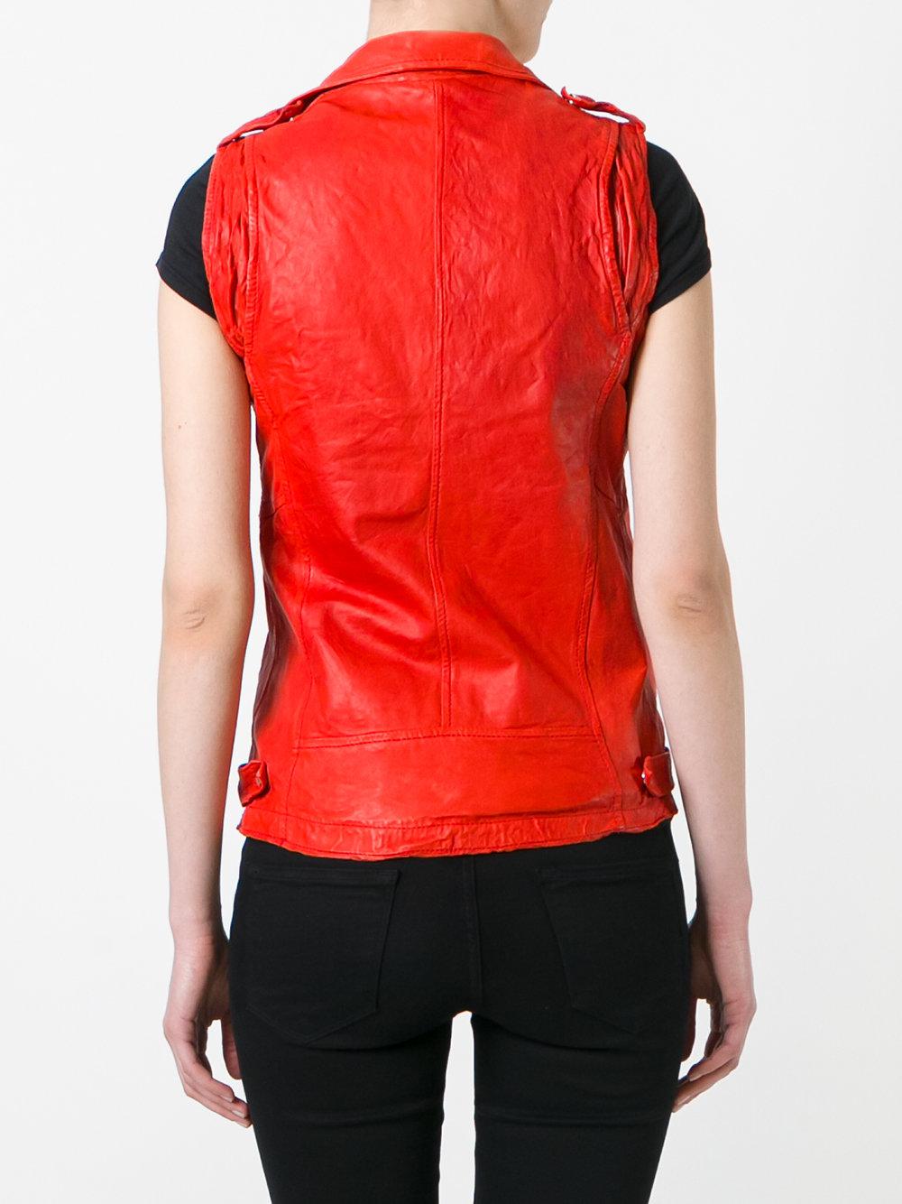 red sleeveless leather jacket
