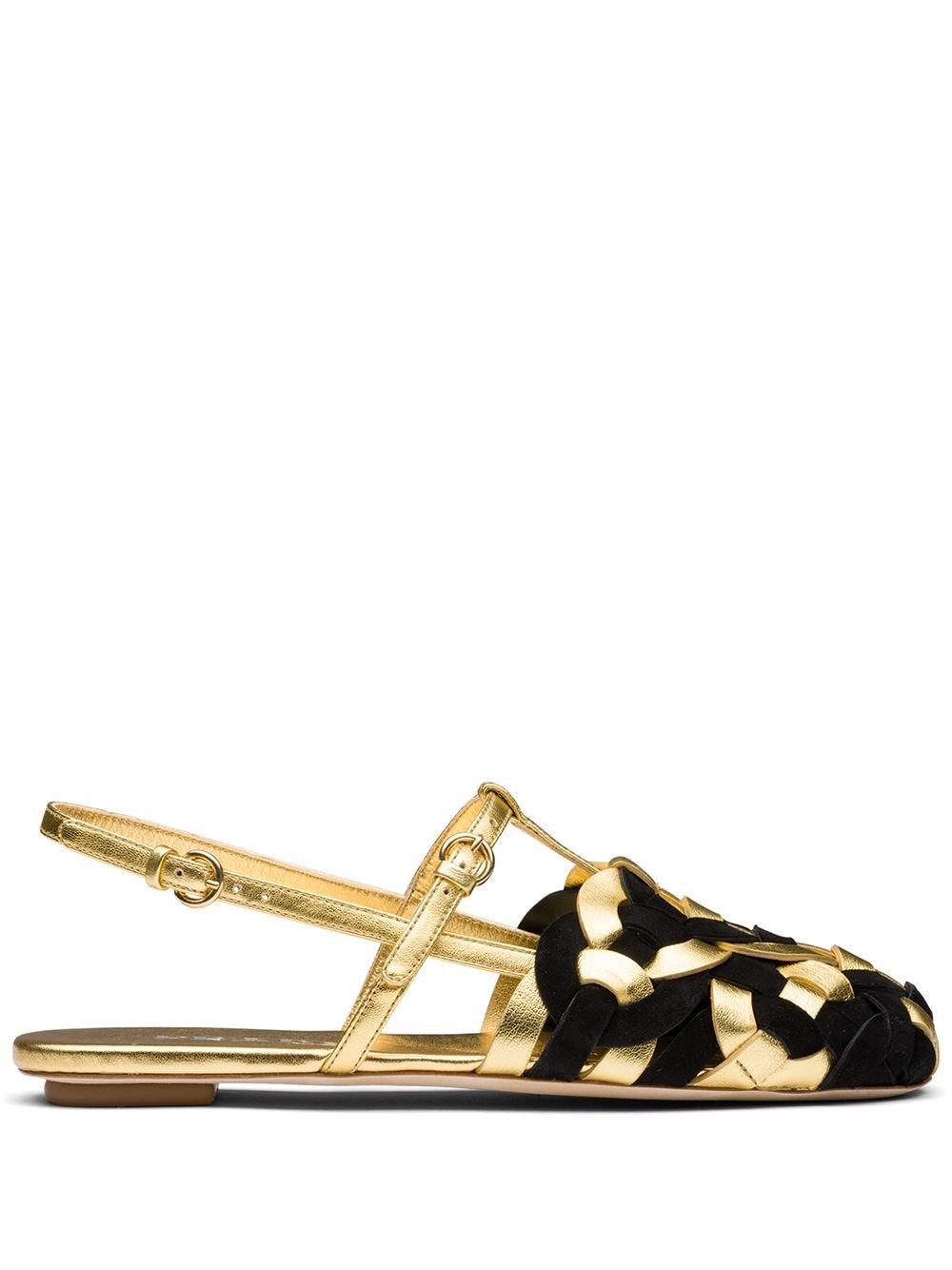 Prada Suede Woven Motif Flat Sandals in Gold (Metallic) | Lyst