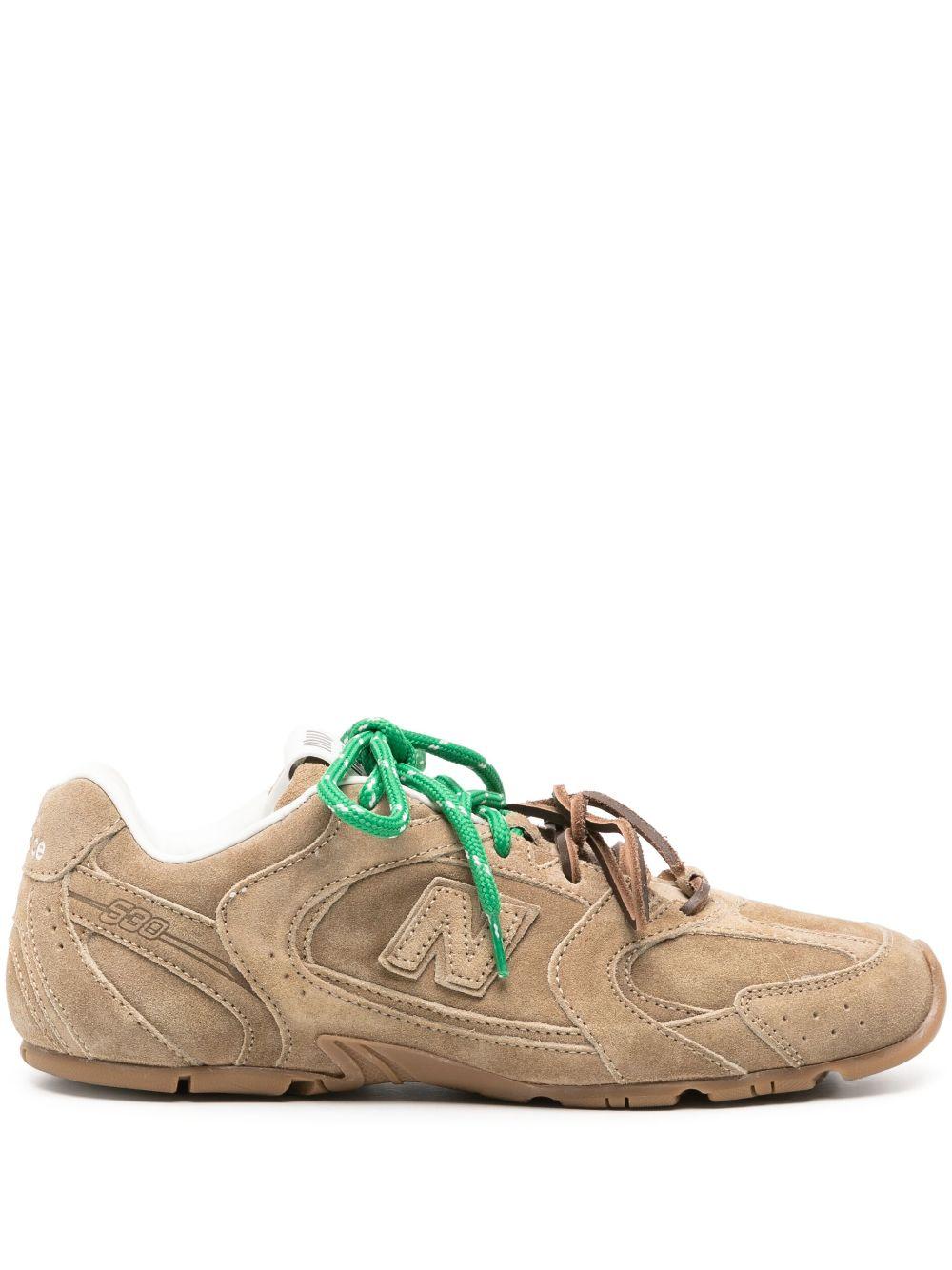 Miu Miu Brown Logo Patch Suede Sneakers in Green | Lyst