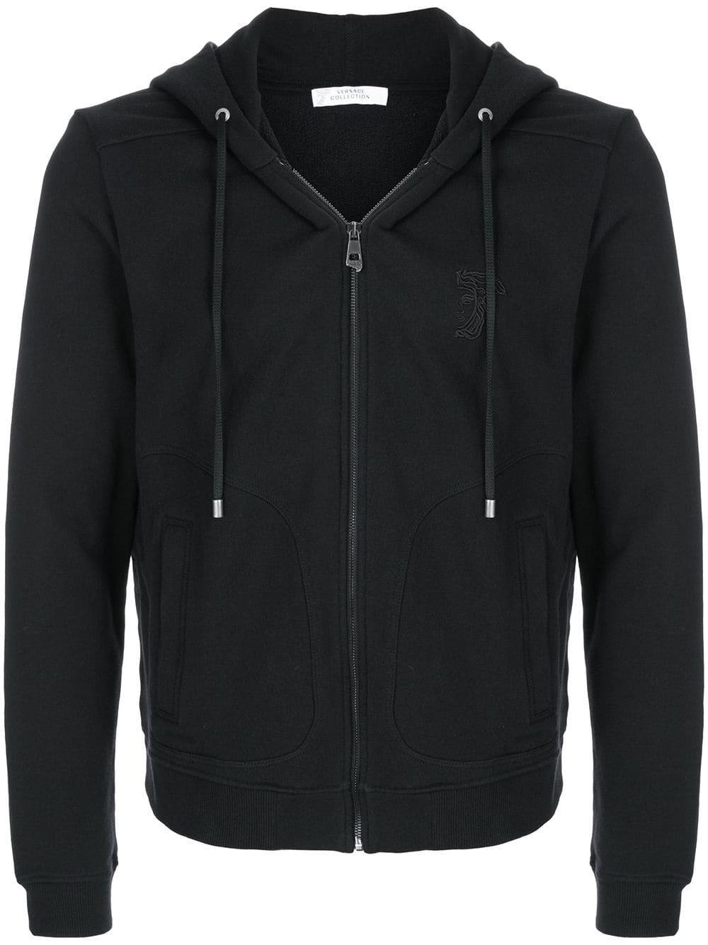 Versace Cotton Zip Front Hoodie in Black for Men - Lyst