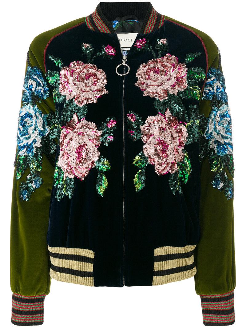 Gucci Silk Sequin Floral Detailed Bomber Jacket in Blue - Lyst