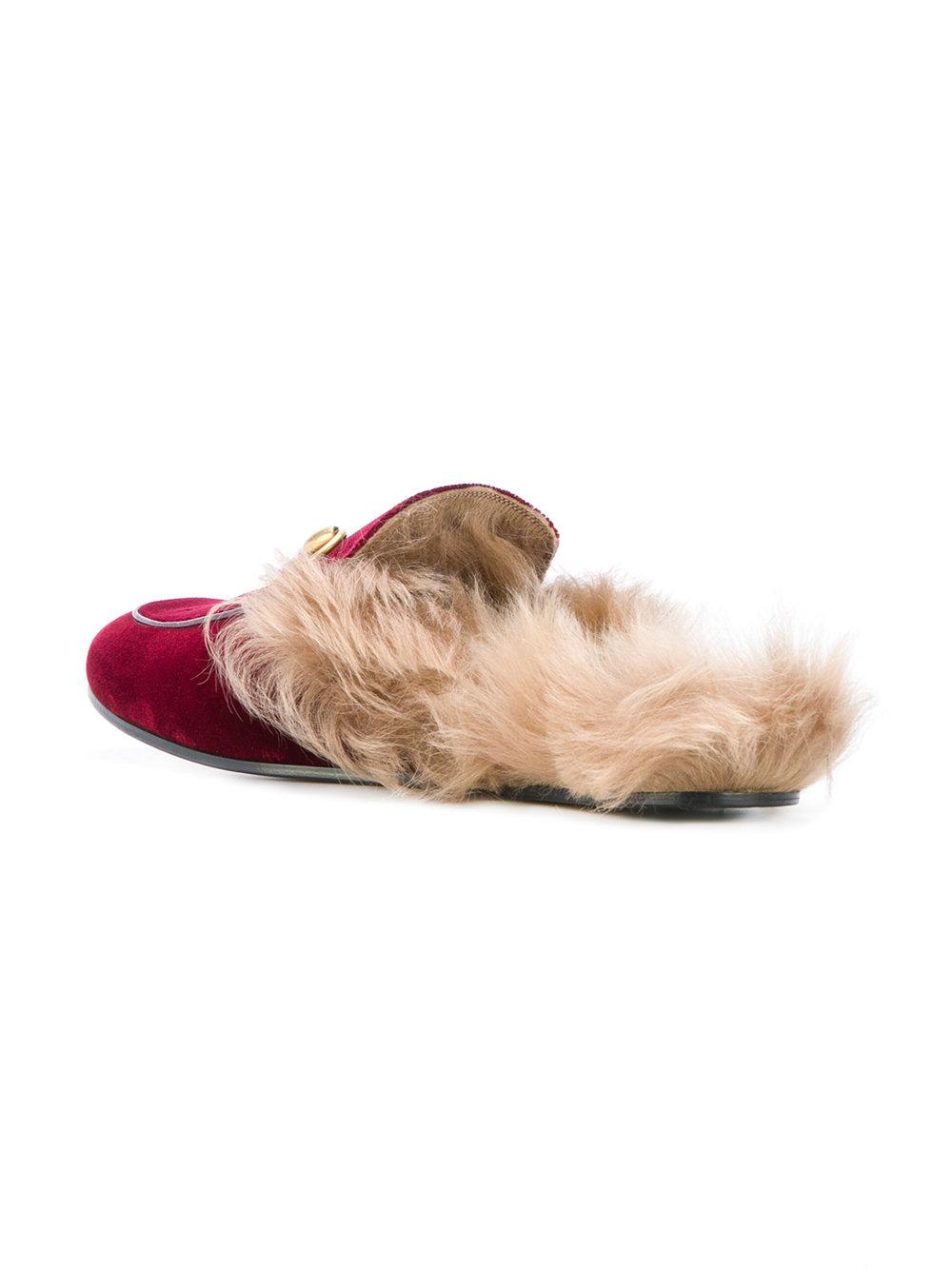 GUCCI Calfskin Fur Embroidered Bee Mens Princetown Slippers 8 Black 505564