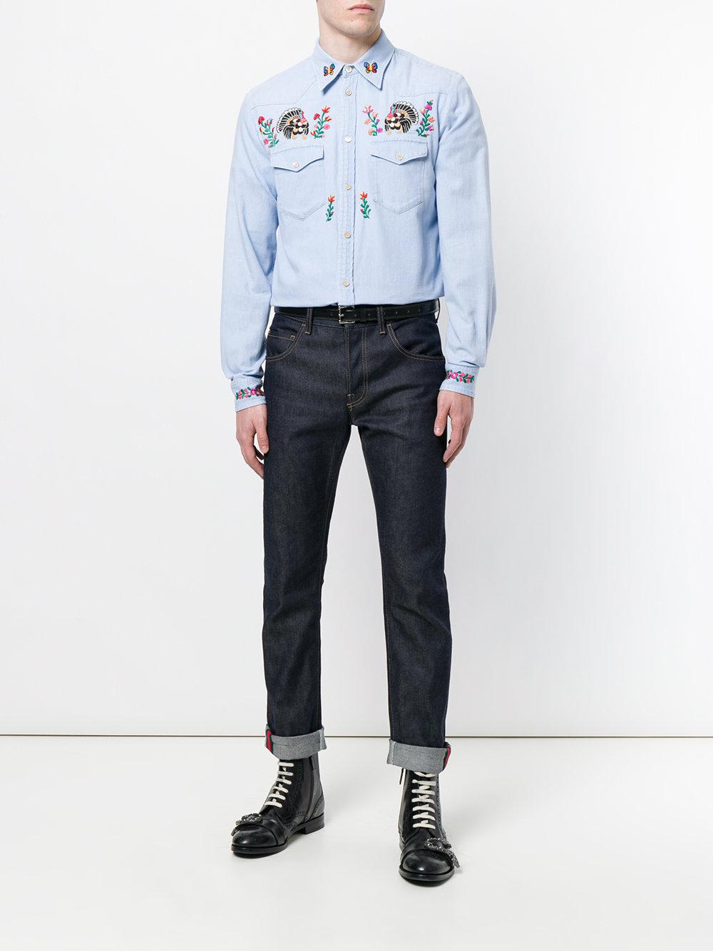 Gucci Embroidered Denim Shirt in Blue for Men - Lyst