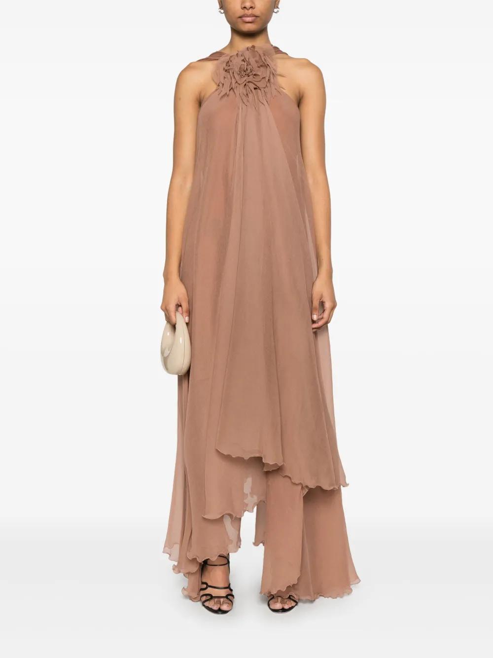 blumarine floral silk creponne maxi dress ONE-SHOULDER DRESS IN CREPONNE WITH RUFFLED ROSE DECORATION
