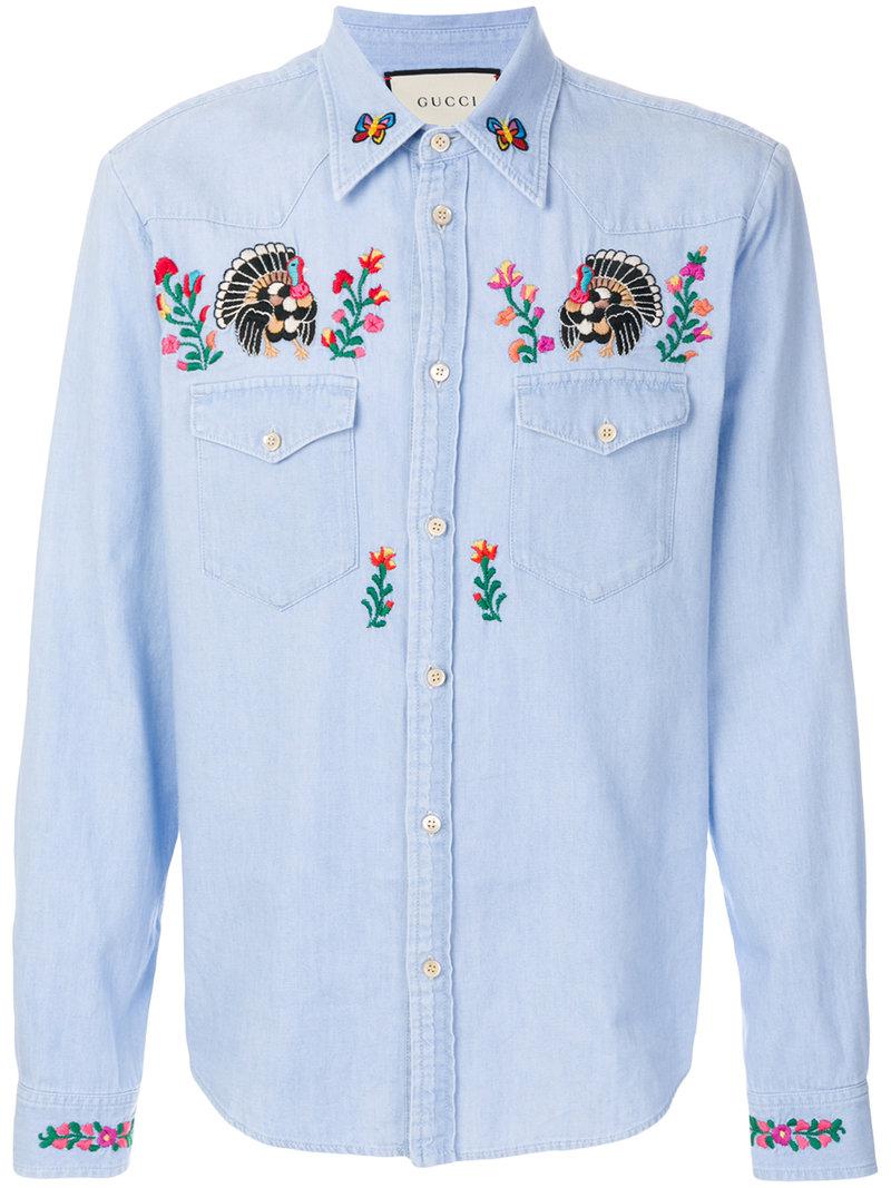 Gucci Embroidered Denim Shirt in Blue 