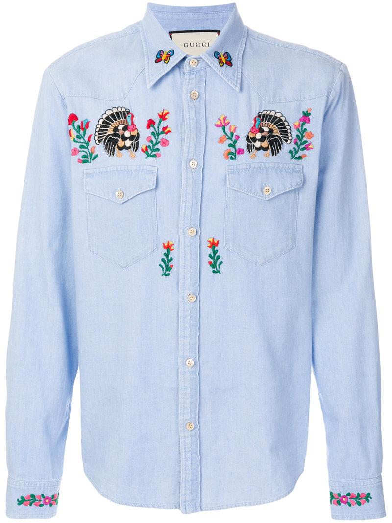 Gucci Embroidered Denim Shirt in Blue for Men | Lyst Canada