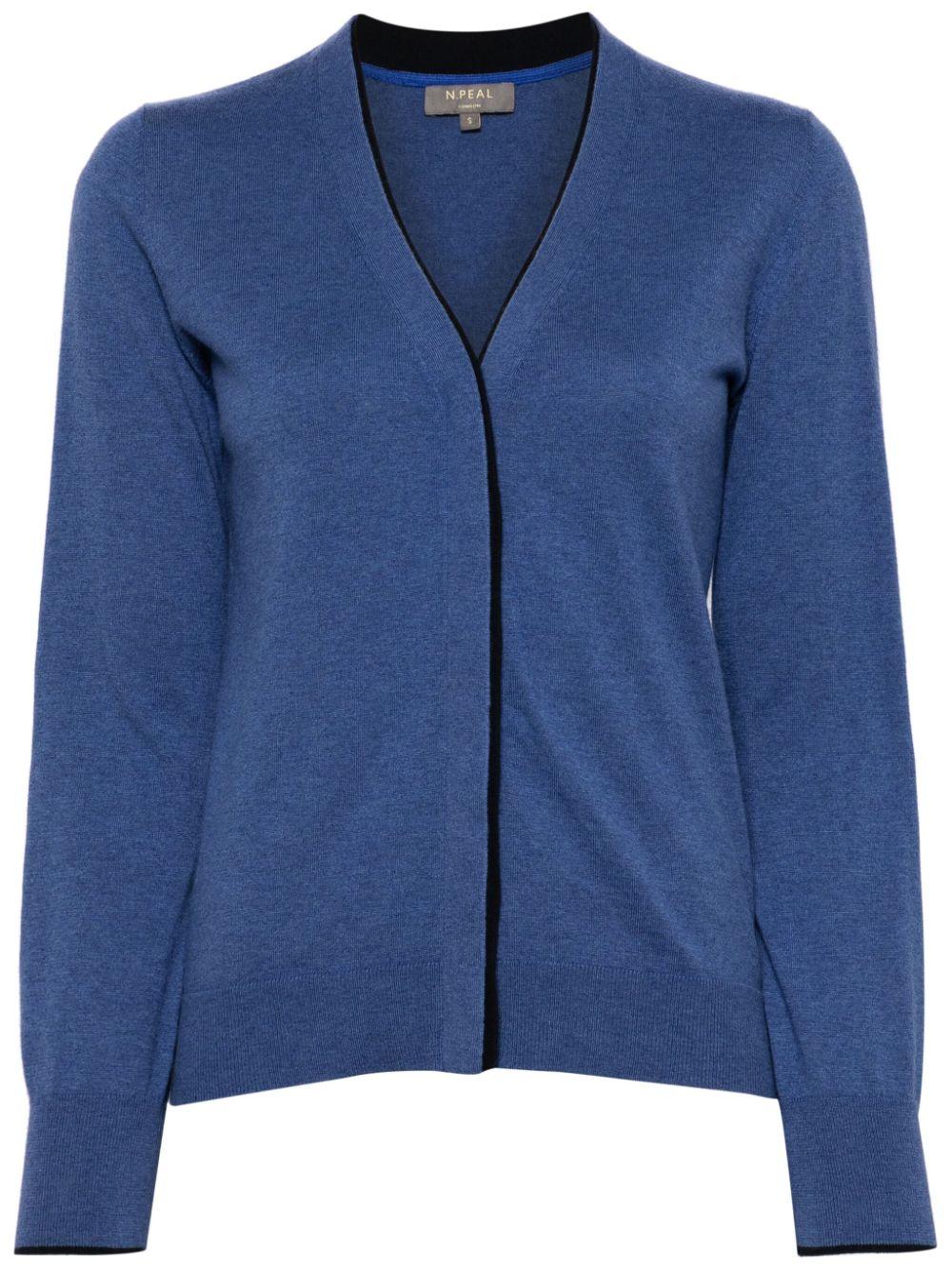 N.Peal contrasting-border cotton-cashmere cardigan - Blue