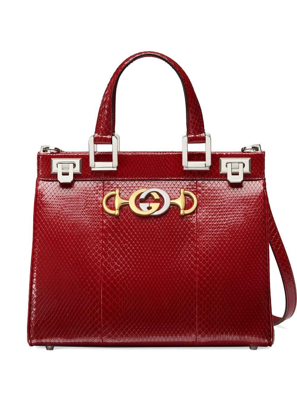 Gucci Leather Zumi Snakeskin Small Top Handle Bag in Red | Lyst