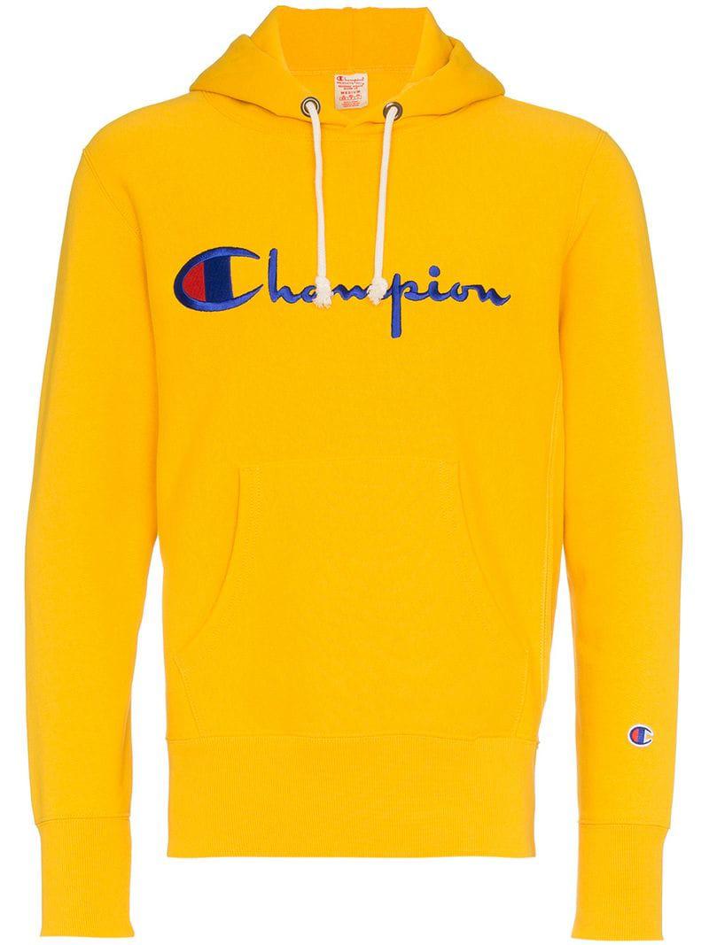Champion Fleece Script Logo Hoody in Yellow/Orange (Yellow) for Men - Lyst