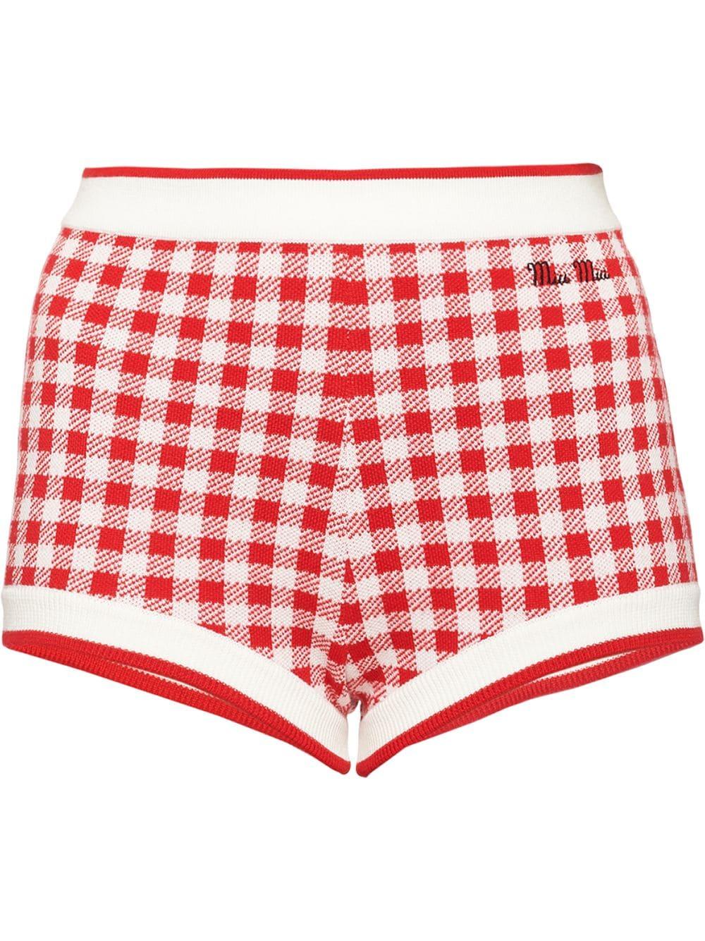 Miu Miu Wool Knitted Gingham Shorts in Red | Lyst