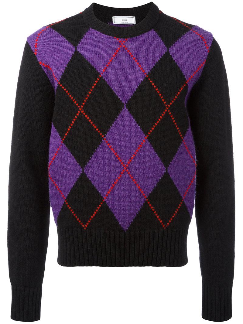 AMI Wool Argyle Pattern Crew Neck Sweater in Black for Men - Lyst