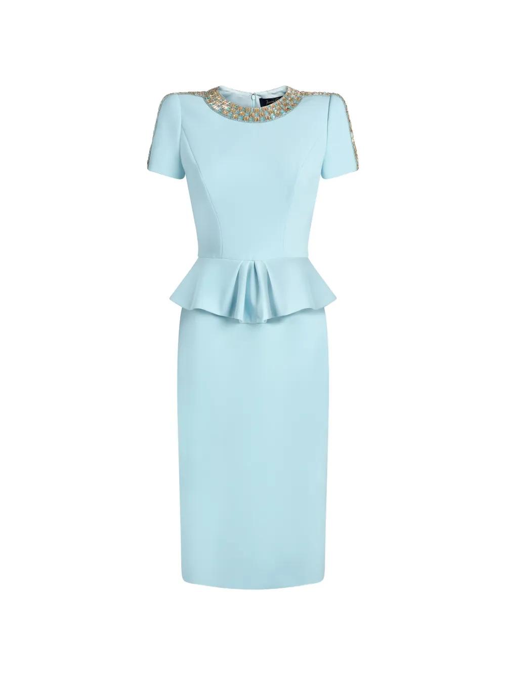 aqua blue peplum dress Jovani 23189 Queen Anne Neckline Peplum Dress