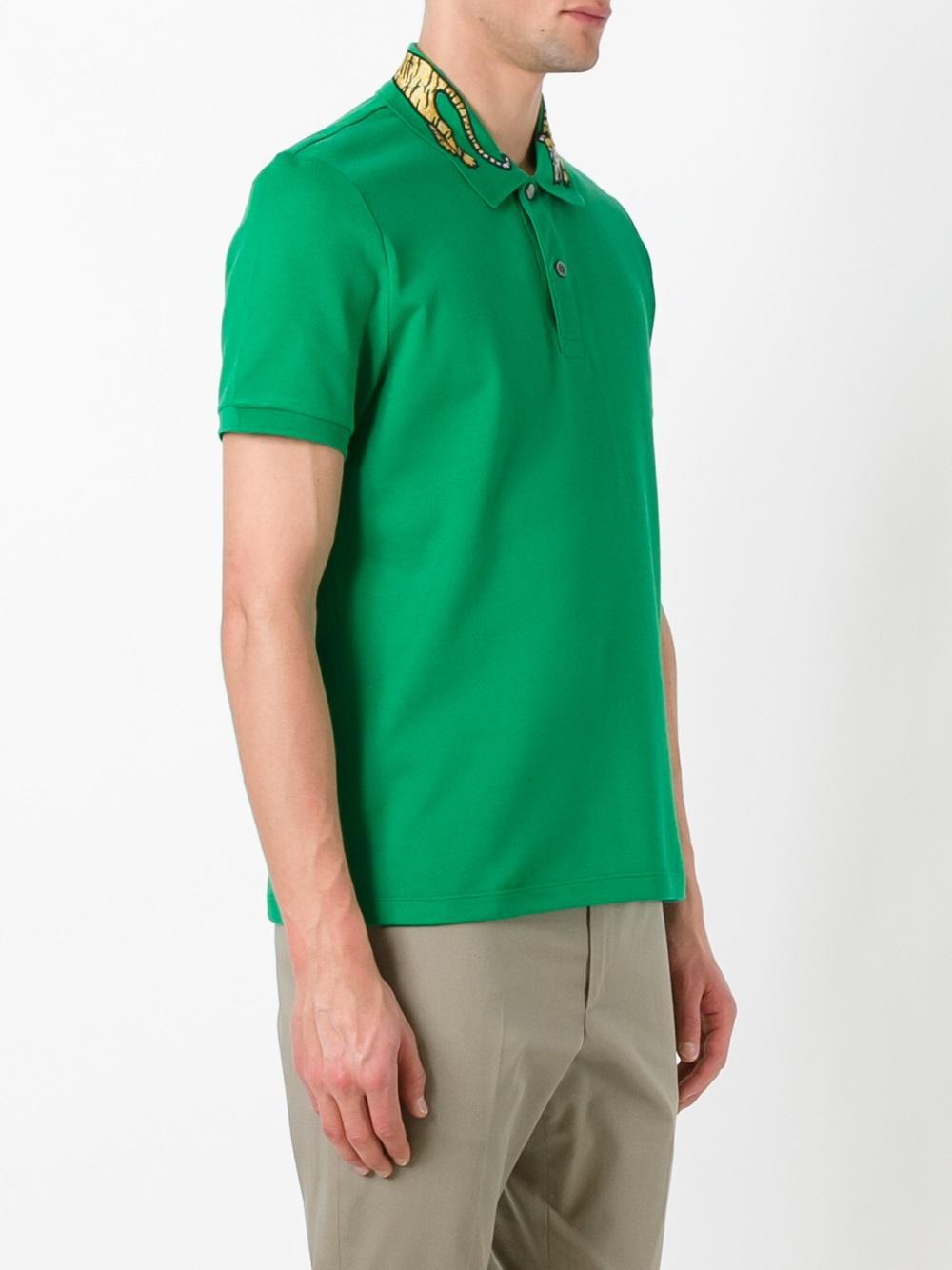 Gucci Tiger Embroidered Polo Shirt in Green for Men | Lyst