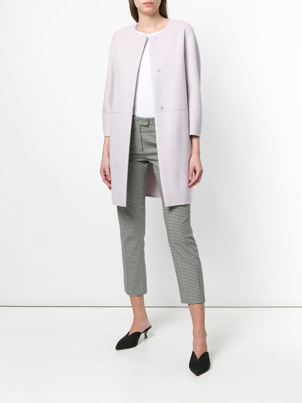 pink collarless coat