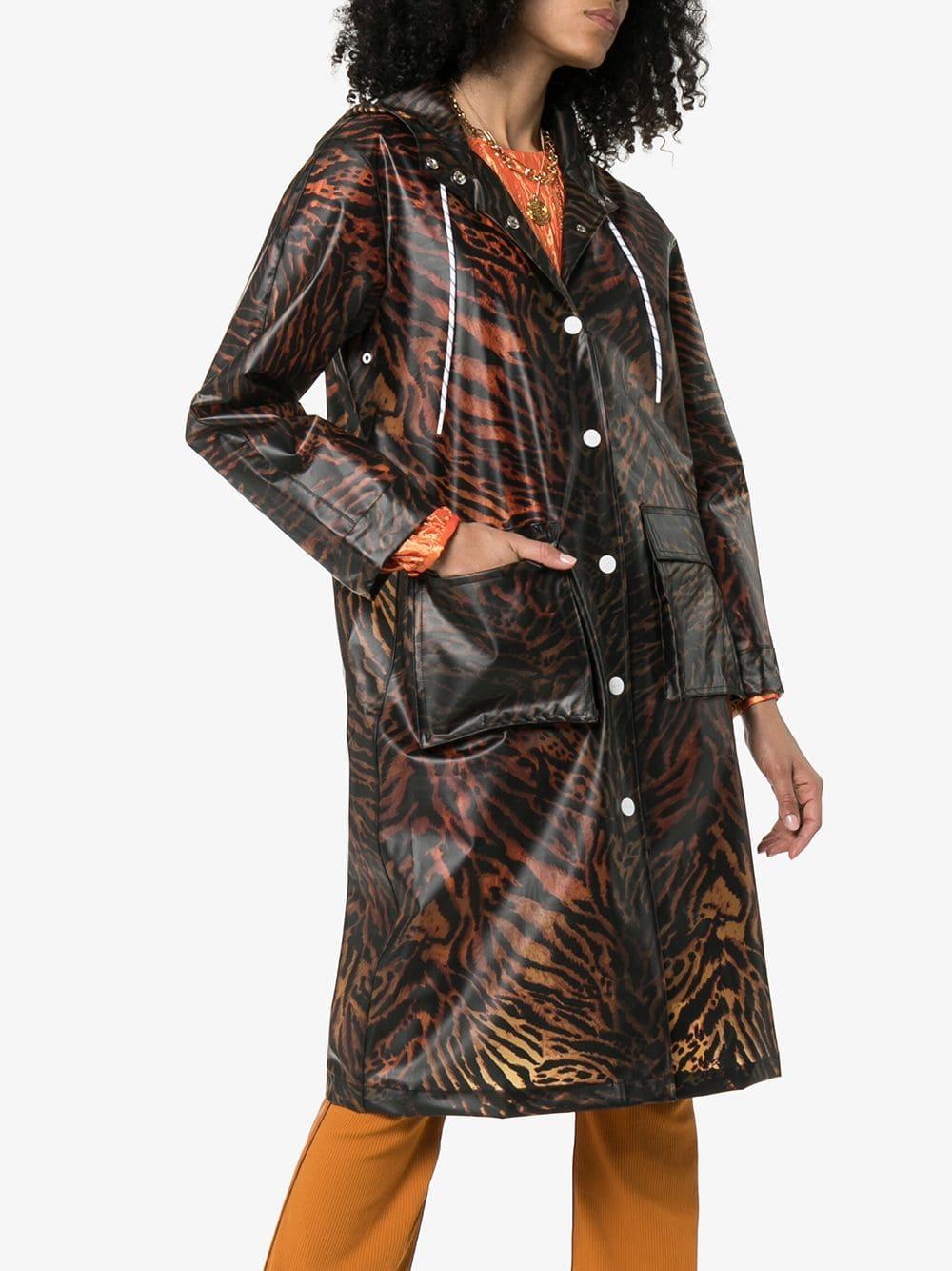 Ganni Tiger-print Hooded Raincoat in Brown | Lyst