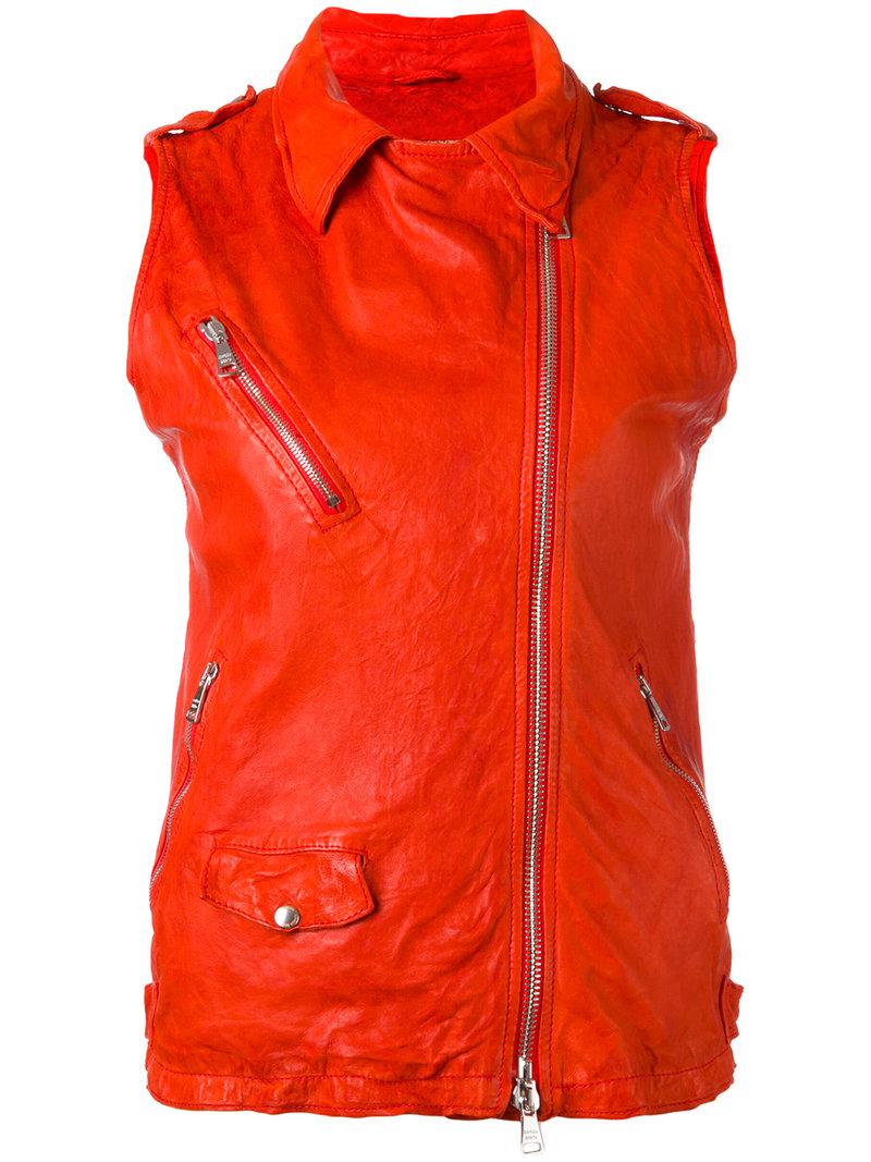 red sleeveless leather jacket