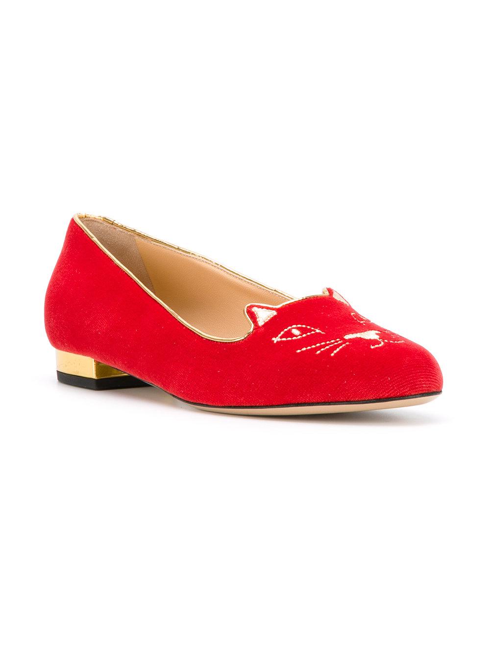 Charlotte Olympia Velvet Cat Face Ballerina Shoes in Red - Lyst