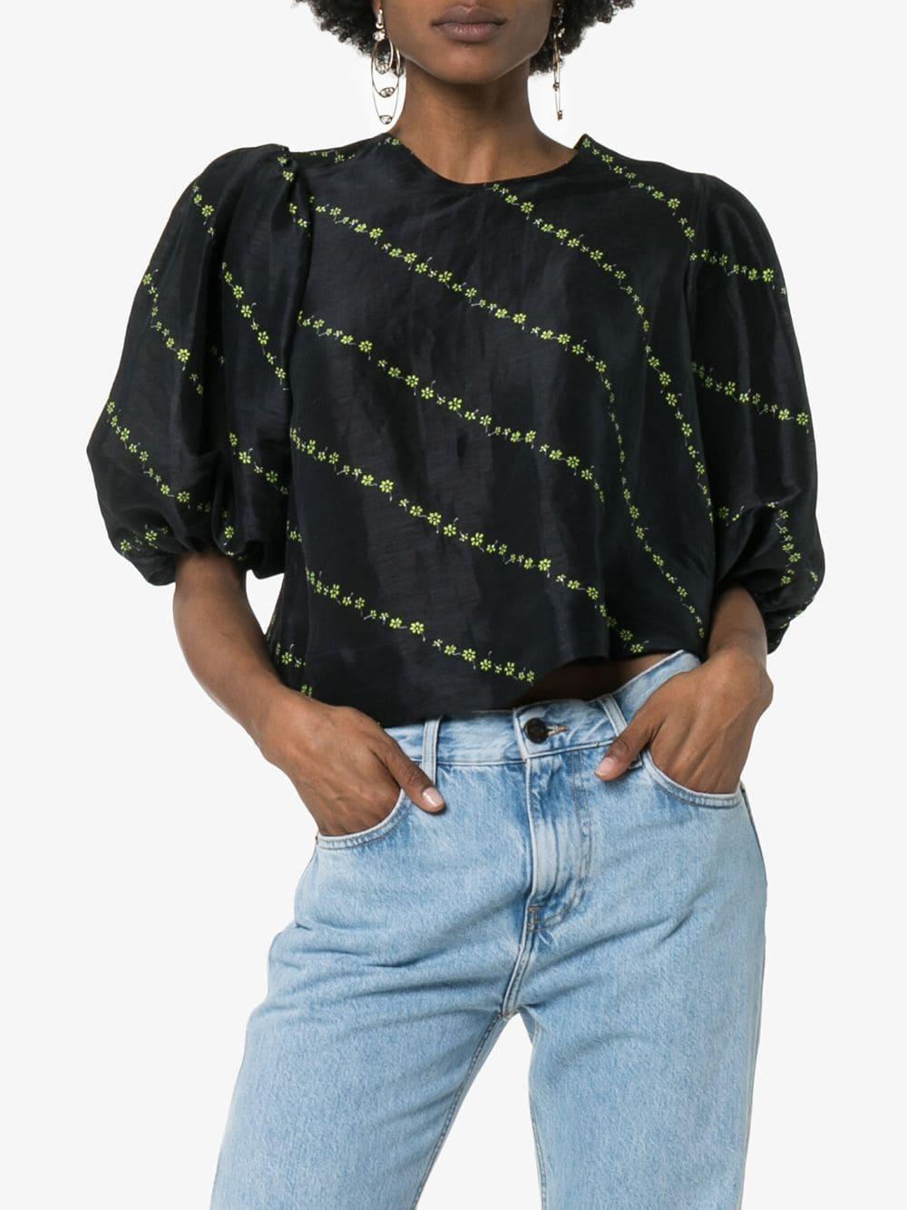 Ganni Linen Puff-sleeve Floral Print 