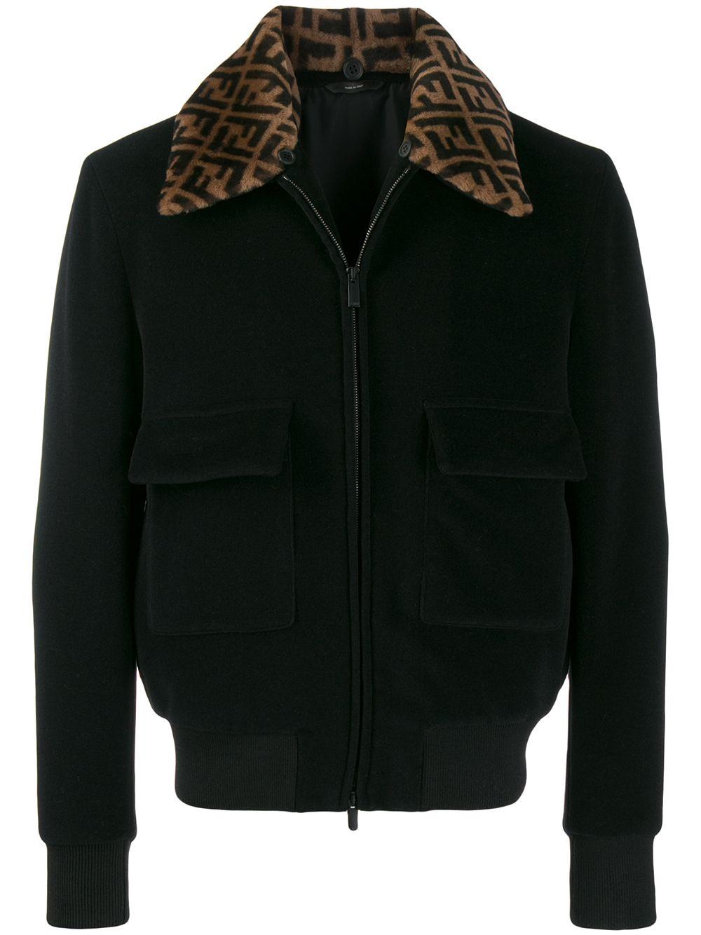 Fendi black bomber jacket with collar logo worn by Cane Tejada