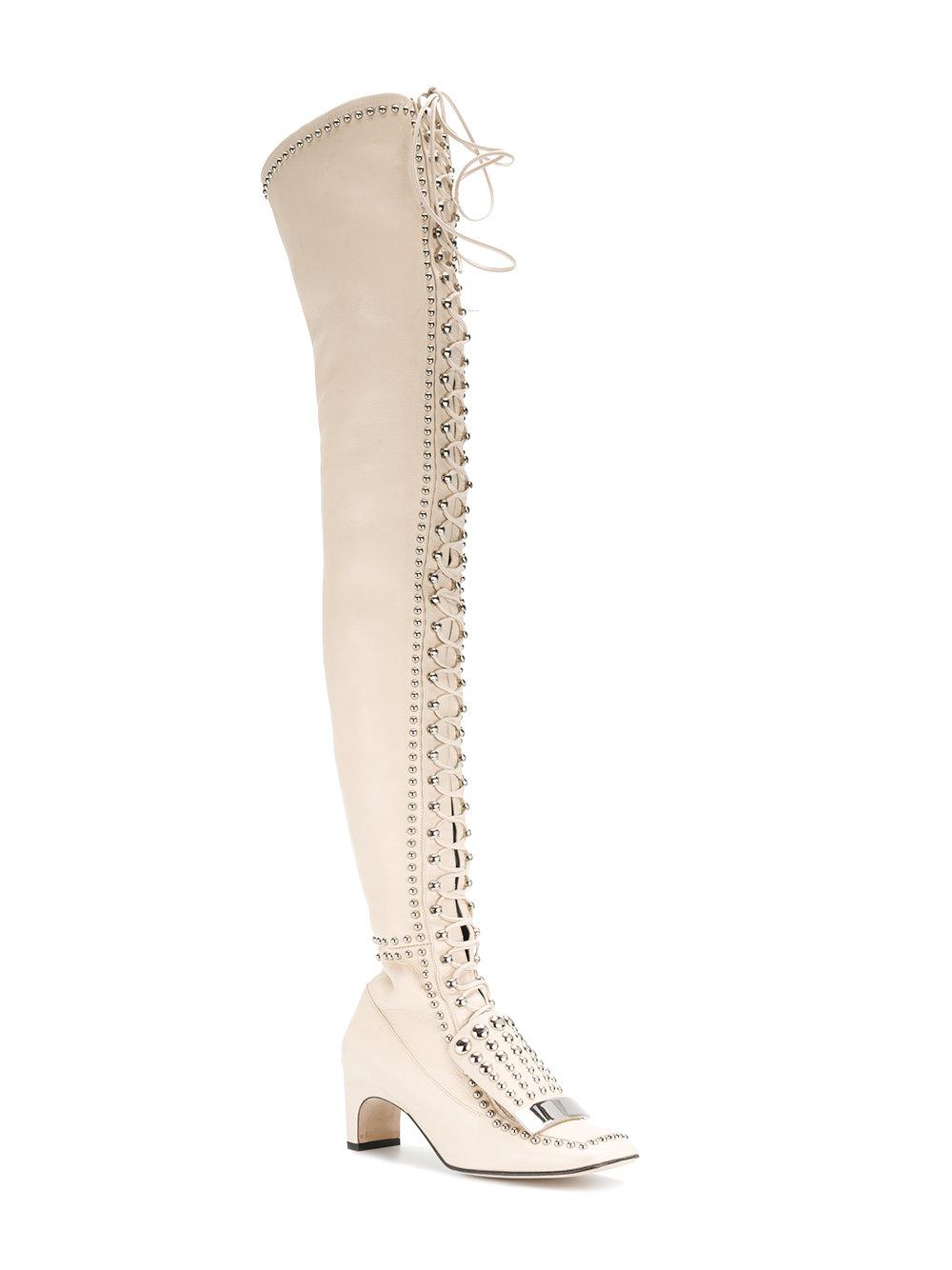 Sergio Rossi Leather Studded Thigh-high Boots in Natural - Lyst