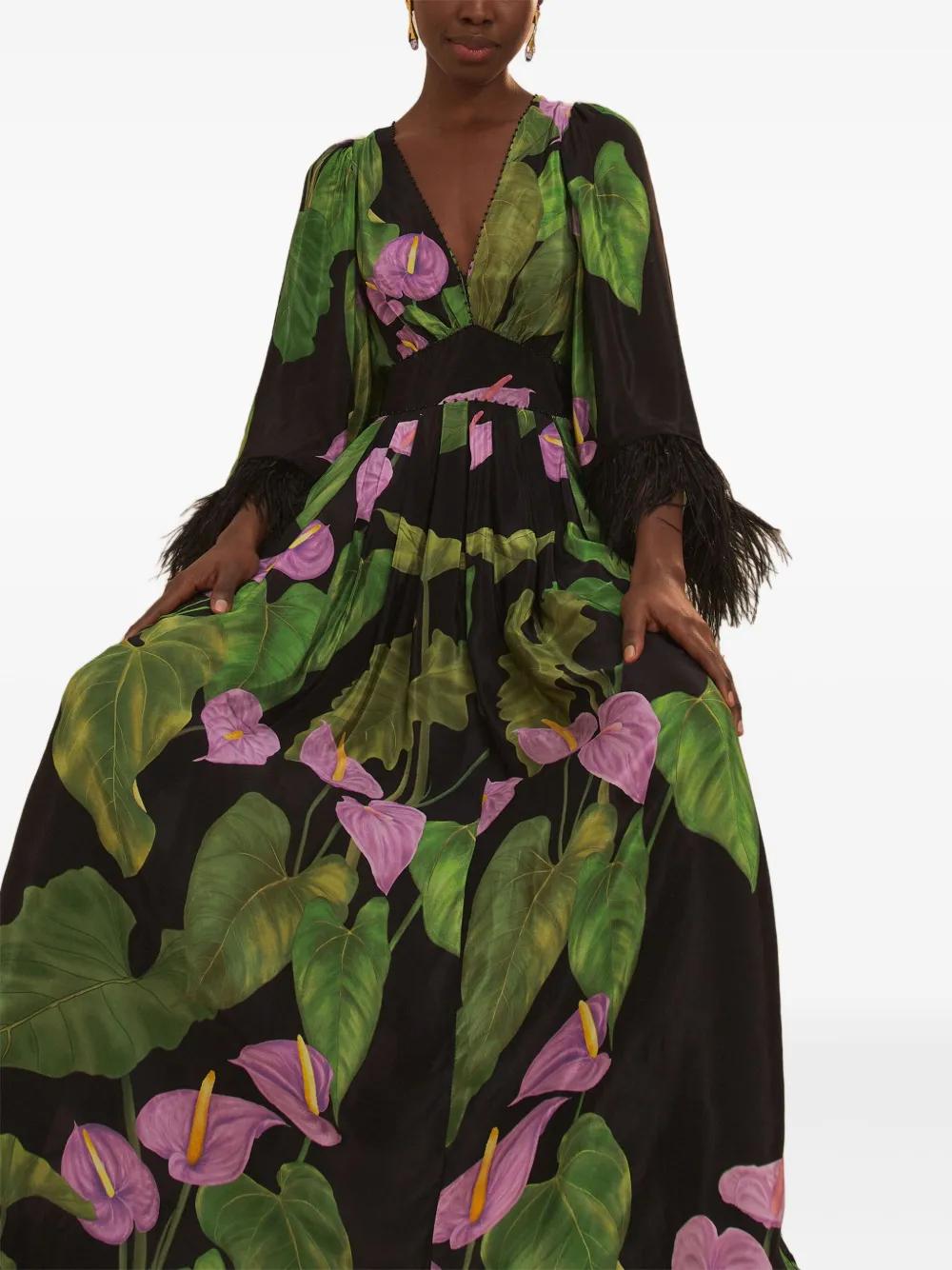 FARM Rio Feather-Trimmed Floral-Print Maxi Dress in Green | Lyst