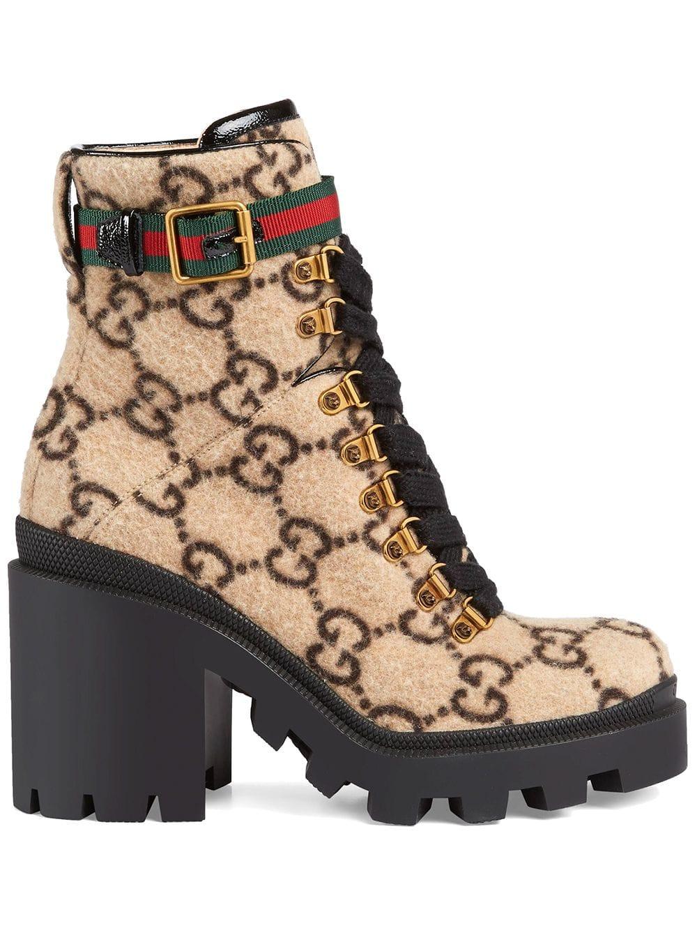 ondergeschikt pedaal Ultieme Gucci Lace Up Ankle Boots Trip Bootie Felt Logo Beige-combo | Lyst