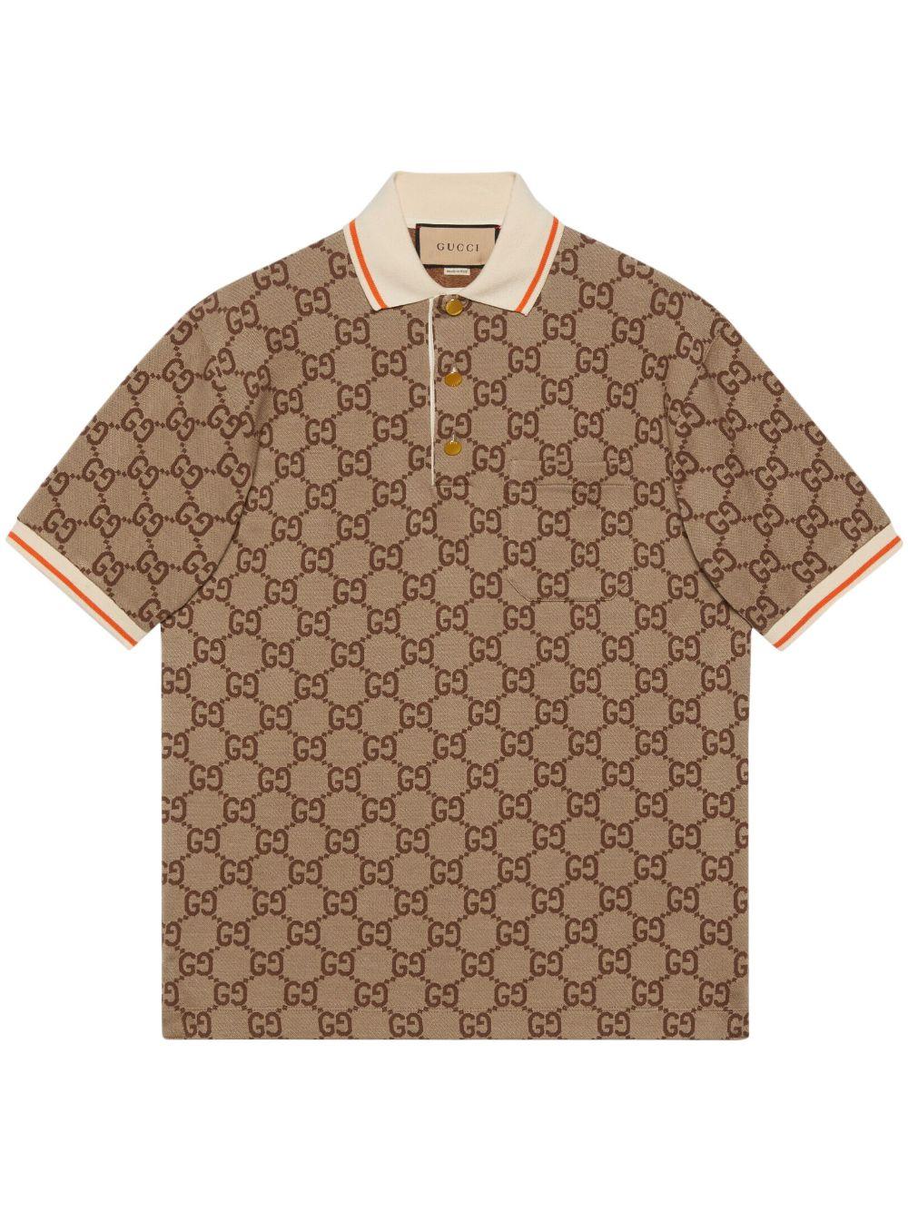 Gucci gg-bonogram Silk And Cotton-blend Piqué Polo Shirt in Brown
