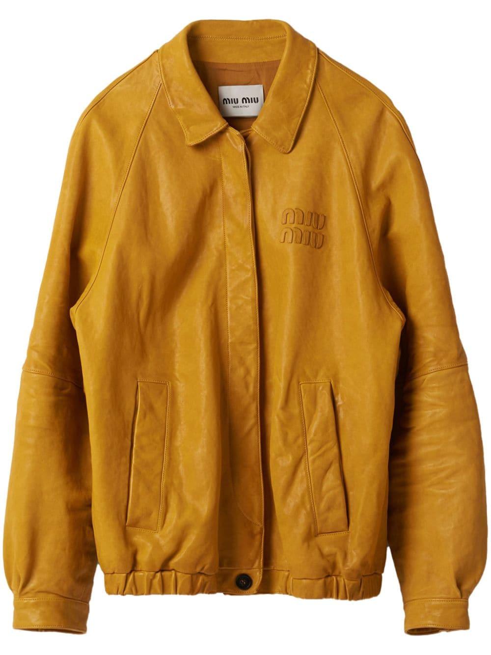 Miu Miu Logo-Appliqué Leather Jacket in Yellow | Lyst Miu Miu Logo-Appliqué Leather Jacket in Yellow | Lyst