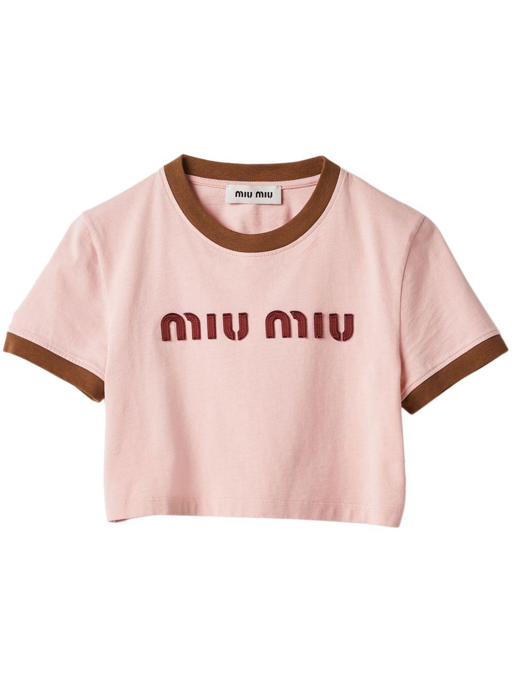 ☆関税込☆MIUMIU★CROP COTTON T SHIRT★ Miu Miu Women's' Logo Print Cropped T-Shirt in Cream | LN-CC®