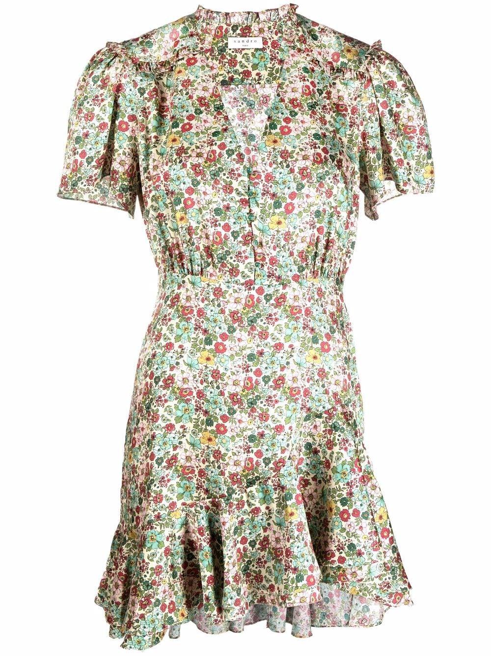 Sandro Floral-print V-neck Dress in Green | Lyst Australia