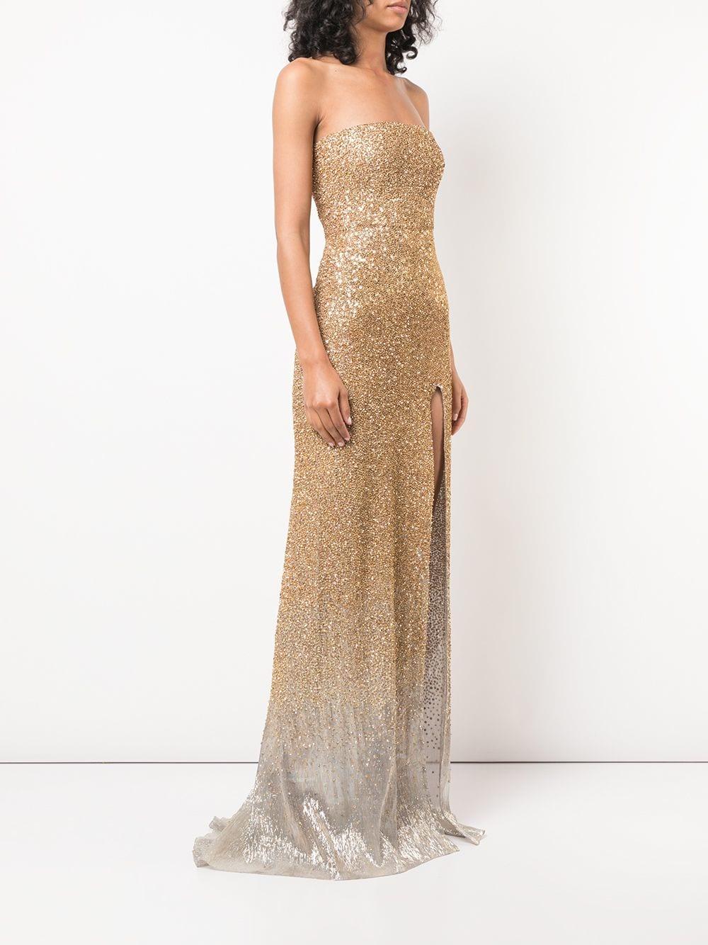 gold strapless gown