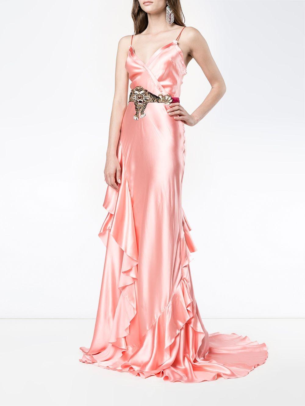 long pink ruffle dress