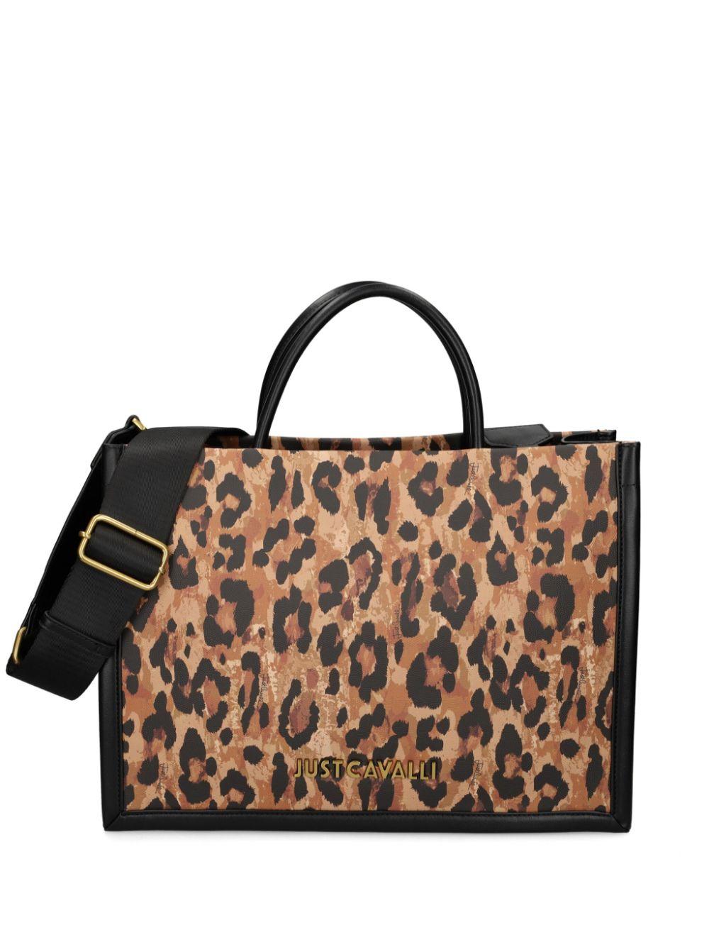 Just Cavalli Leopard-Print Leather Tote Bag in Brown | Lyst