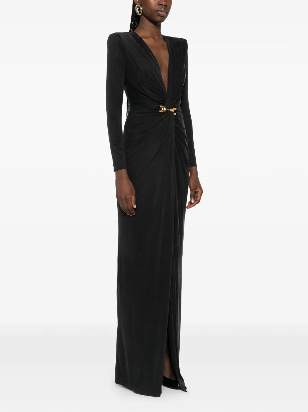 chinese dress ladies Elisabetta Franchi Belted Two-tone Pleated Long Dress In Neutral  luxury-24