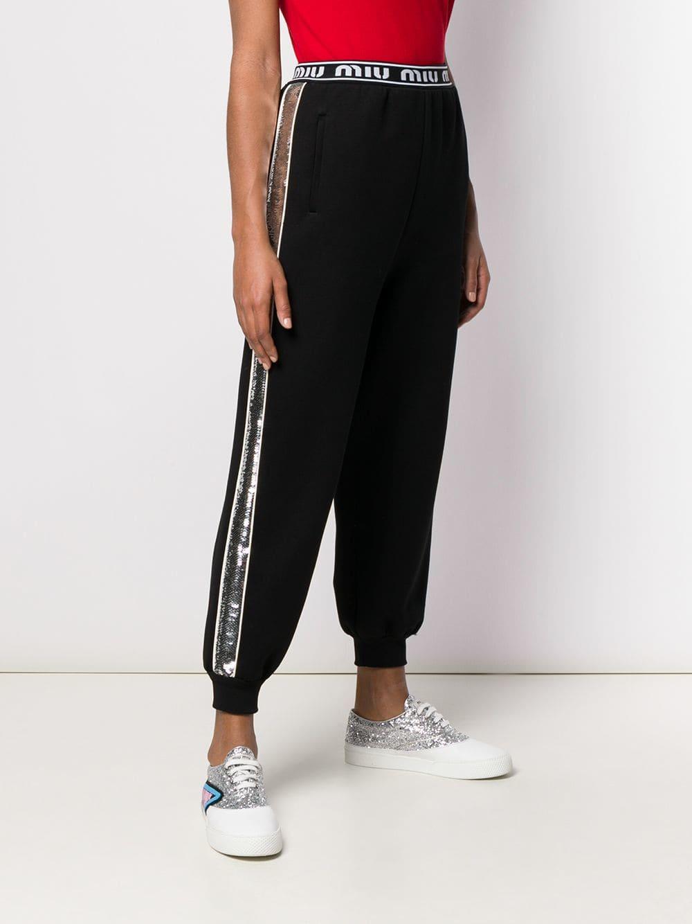 Miu Miu Sequined Cotton-blend Trackpants in Nero (Black) - Lyst